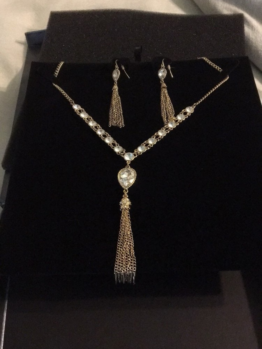 Gold Crystal Tassel Necklace and Earring Set - Gold